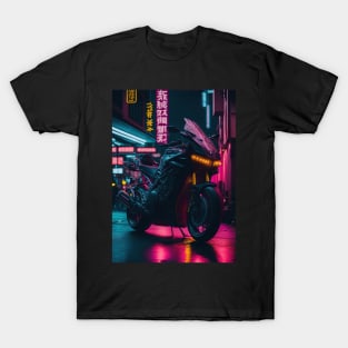 Neon Speedster: Motorcycle Majesty in a Japanese Metropolis T-Shirt